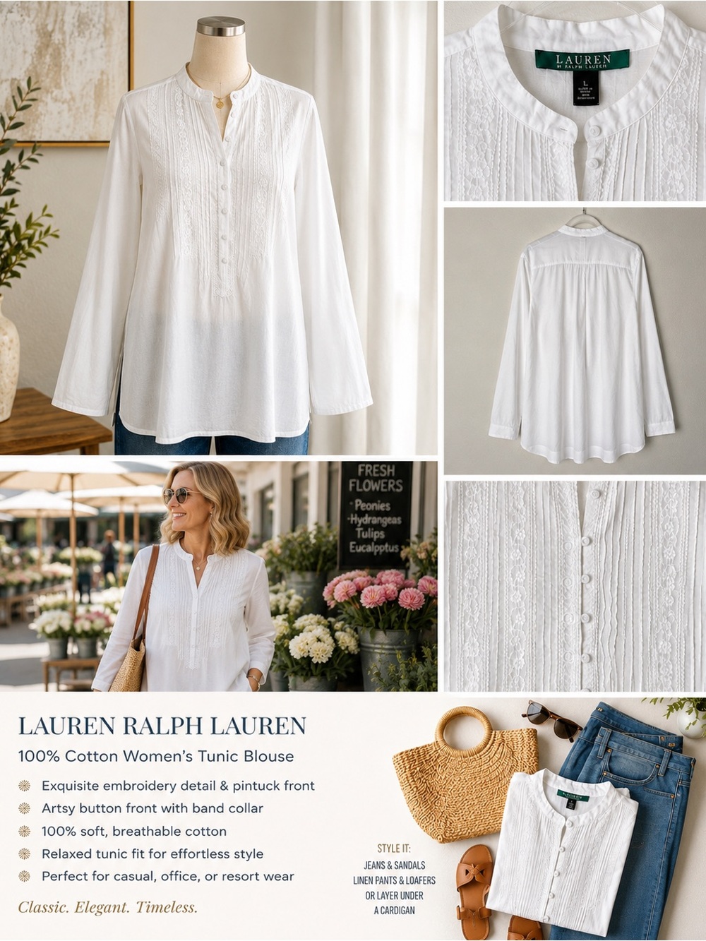 Lauren Ralph Lauren White Embroidered 100% Cotton Tunic Blouse-L-Coastal Grandma - Picture 2 of 8
